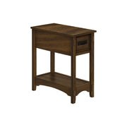 Walnut 8th Street accent end table with 2 tiers, narrow design, storage drawer, transitional style.