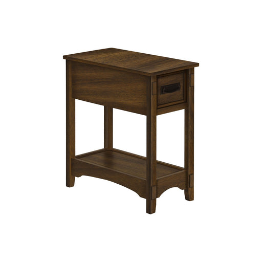 Walnut 8th Street accent end table with 2 tiers, narrow design, storage drawer, transitional style.