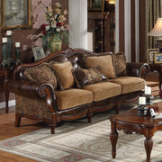 Dreena - Sofa With 5 Pillows - Two Tone Brown Synthetic Leather & Chenille Cherry - R&R Furniture Gallery (Fountain Valley, CA)