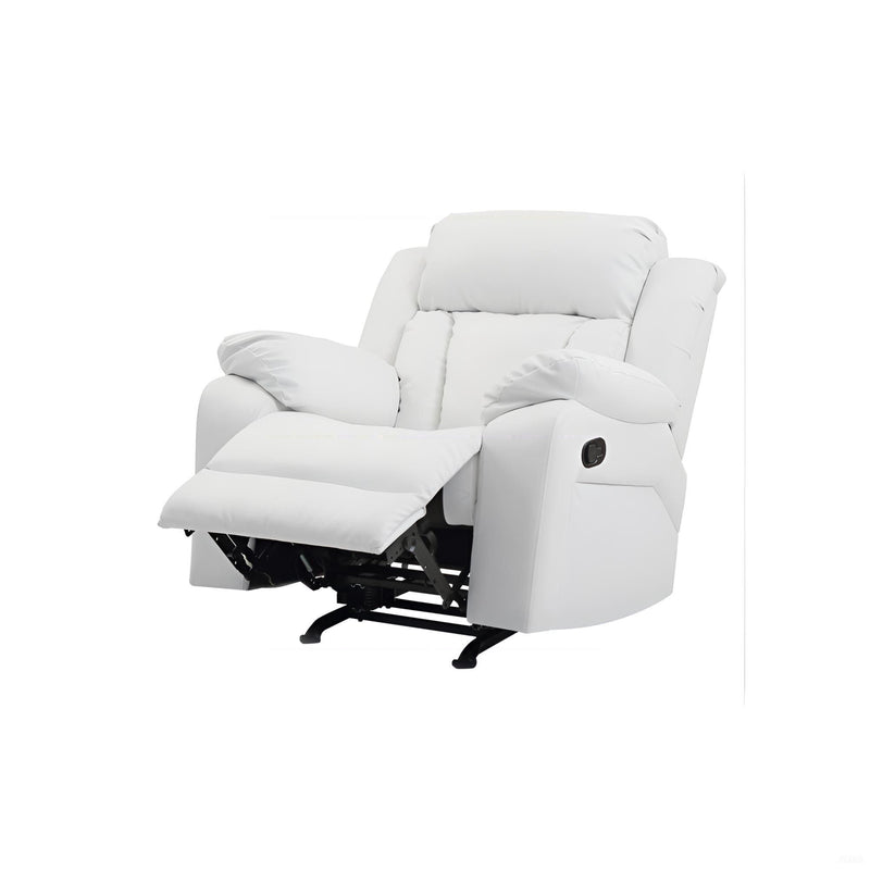 Comfortable Glory Furniture rocking motion recliner with plush cushions and wooden base, designed for relaxing and rocking comfort.