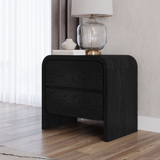 Modus Elora two-drawer nightstand in Jet Black Ash, showcasing sleek design and modern furniture style with wooden finish.