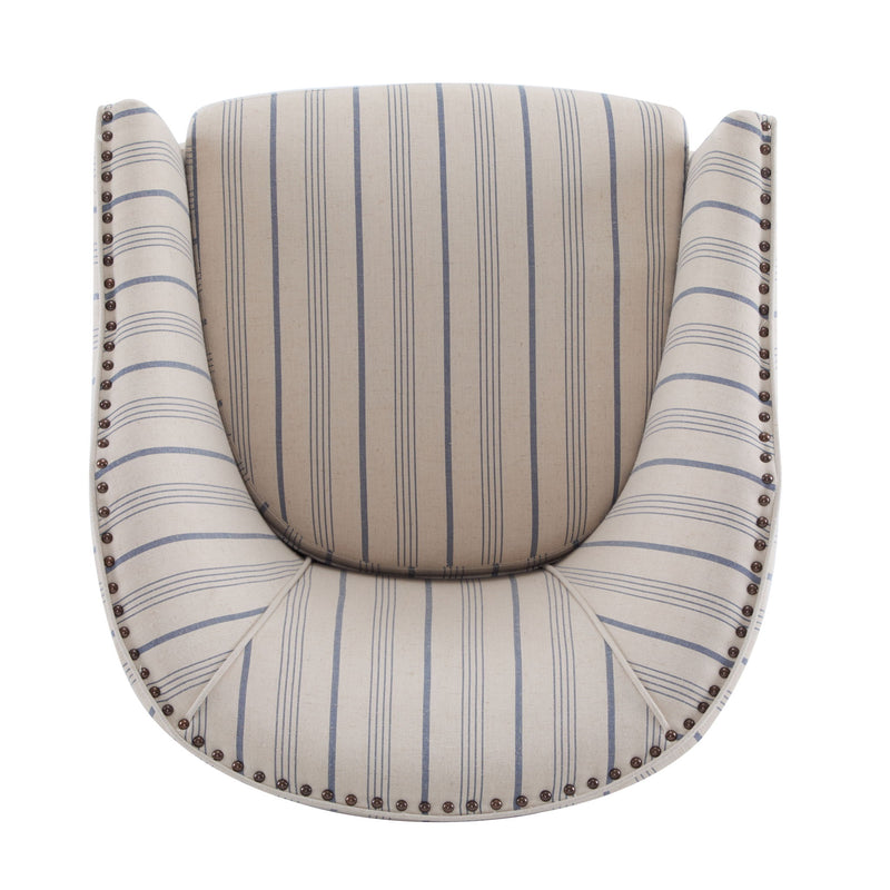 Transitional Upholstered Stripe Barrel Chair With Birch Wood Legs And Plush Cushioned Seat - Beige / Blue Stripe - R&R Furniture Gallery (Fountain Valley, CA)
