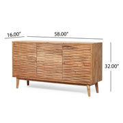 Natural boho handcrafted sideboard with three carved door panels, artisanal charm, and textured wood finish by Noble House.
