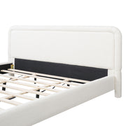 Artistry At Home upholstered platform bed frame with curved headboard and wood slats support in a modern bedroom setting.