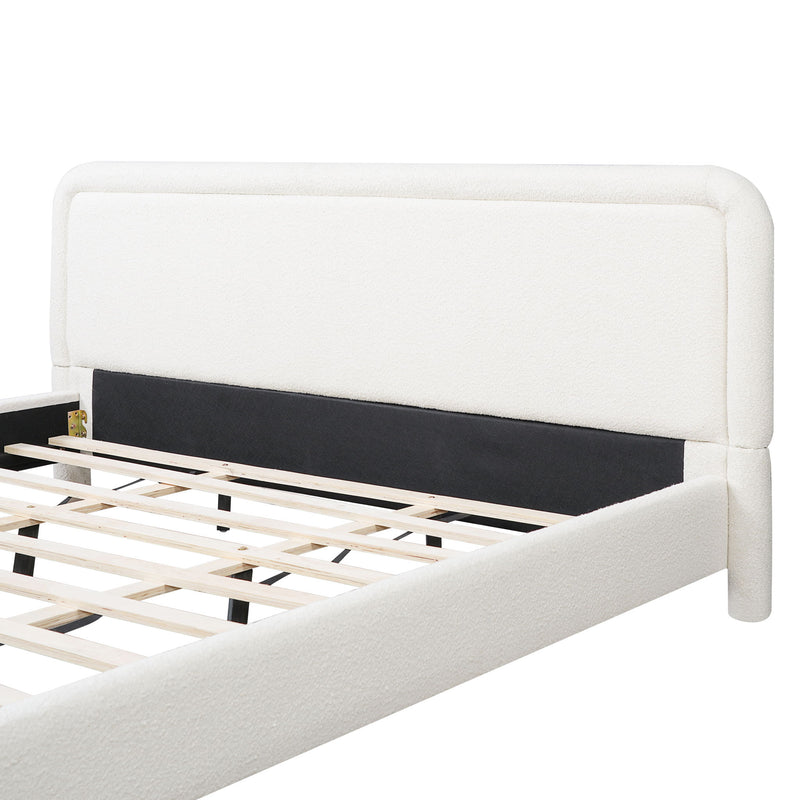 Artistry At Home upholstered platform bed frame with curved headboard and wood slats support in a modern bedroom setting.