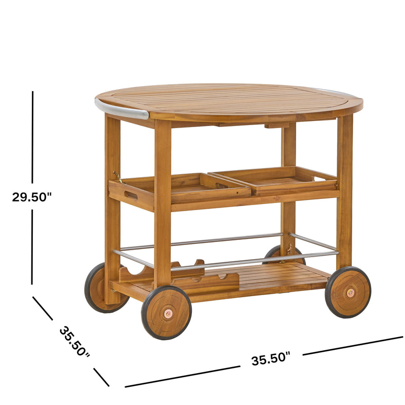 Outdoor teak bar cart with foldable tabletop and removable trays, Noble House storage table for outdoor entertaining.
