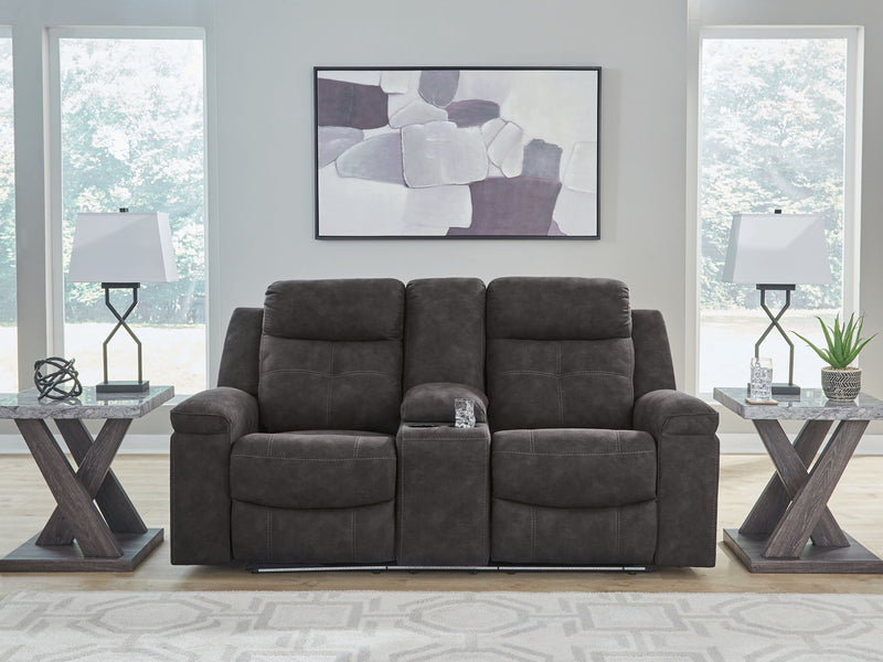 Brysonview - Double Reclining Loveseat With Console - Charcoal - R&R Furniture Gallery (Fountain Valley, CA)