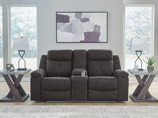 Brysonview - Double Reclining Loveseat With Console - Charcoal - R&R Furniture Gallery (Fountain Valley, CA)