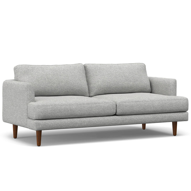 Livingston upholstered stationary sofa by Simpli-Home with plush fabric and cushioned seating in a modern living room setting.