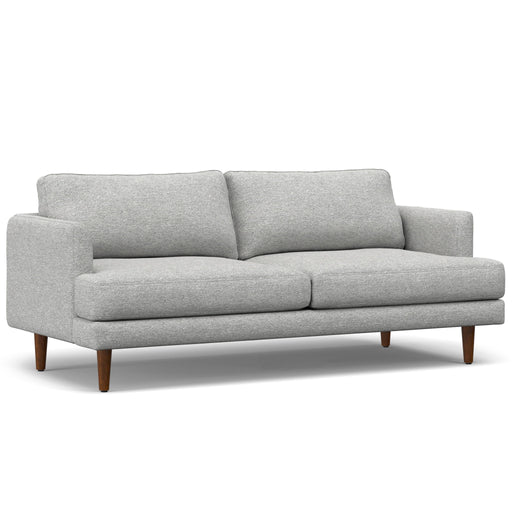 Livingston upholstered stationary sofa by Simpli-Home with plush fabric and cushioned seating in a modern living room setting.