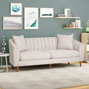 Contemporary Noble House 3-seater stationary sofa with accent pillows, beige fabric upholstery and modern design.