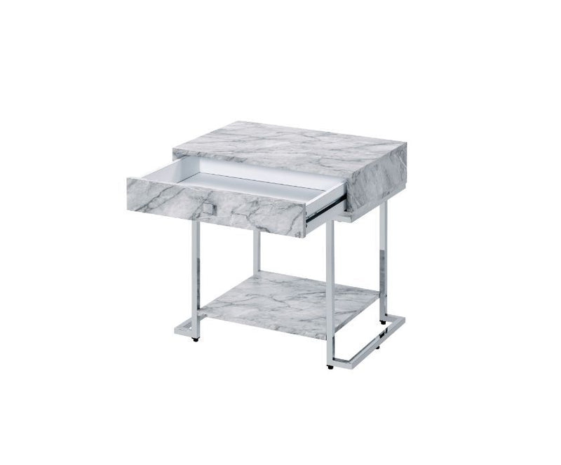 Wither - Accent Table - White Printed Faux Marble & Chrome - R&R Furniture Gallery (Fountain Valley, CA)