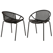 Set of two Noble House outdoor stacking chairs with breathable plastic backrests and durable frames for patio or garden use.