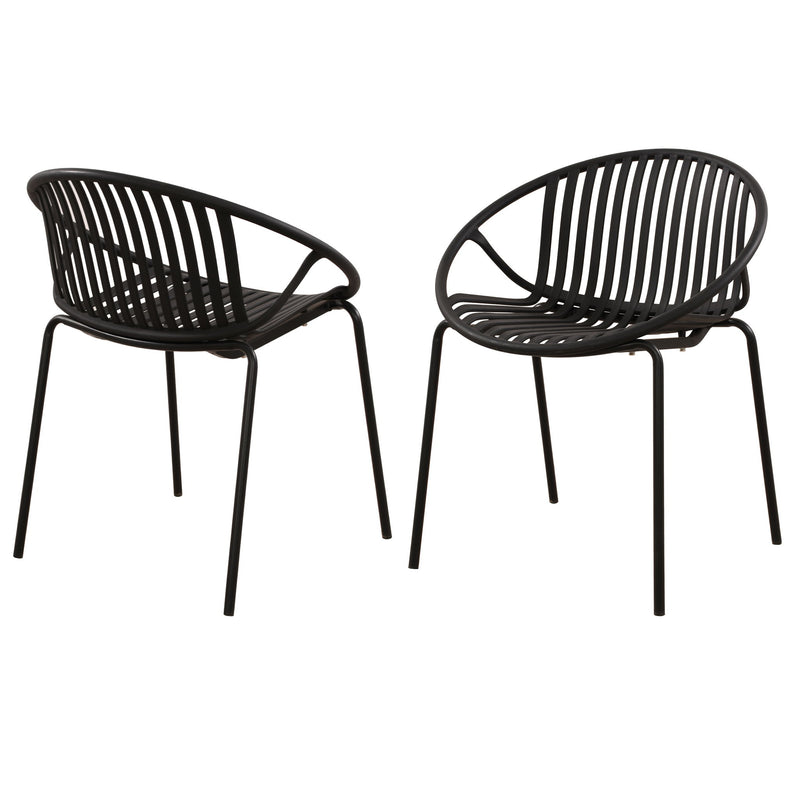 Set of two Noble House outdoor stacking chairs with breathable plastic backrests and durable frames for patio or garden use.
