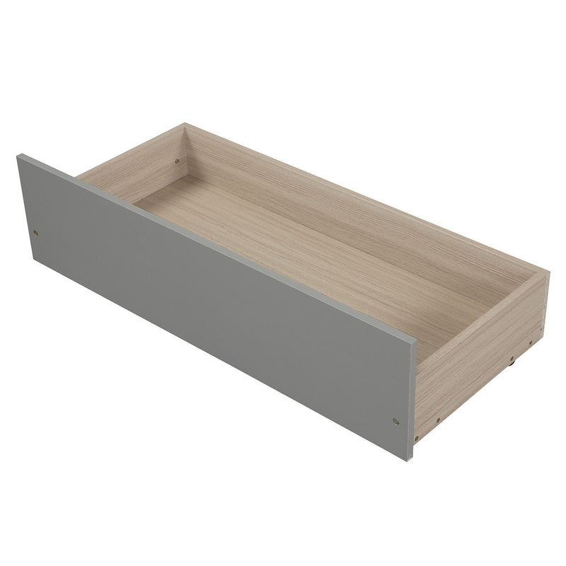 DreamHaus platform storage bed with two built-in drawers, featuring a modern design and a wooden finish.