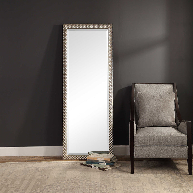 Silver metallic floor mirror by Uttermost, Cacelia design with a sleek, reflective mirror surface and modern frame.