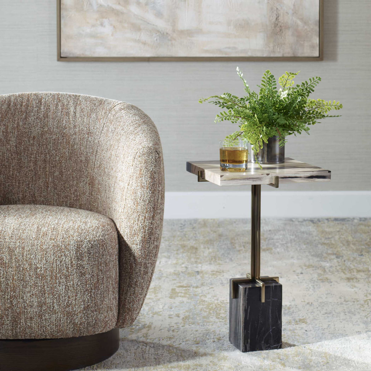 Rowman - Petrified Wood Accent Table - Bronze