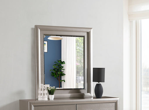 Silver Champagne Kat mirror by Glory Furniture featuring a sleek, modern design with a reflective glass surface.