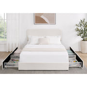 House & Home Furniture Liv upholstered storage platform bed with built-in drawers and padded headboard, modern bedroom furniture.