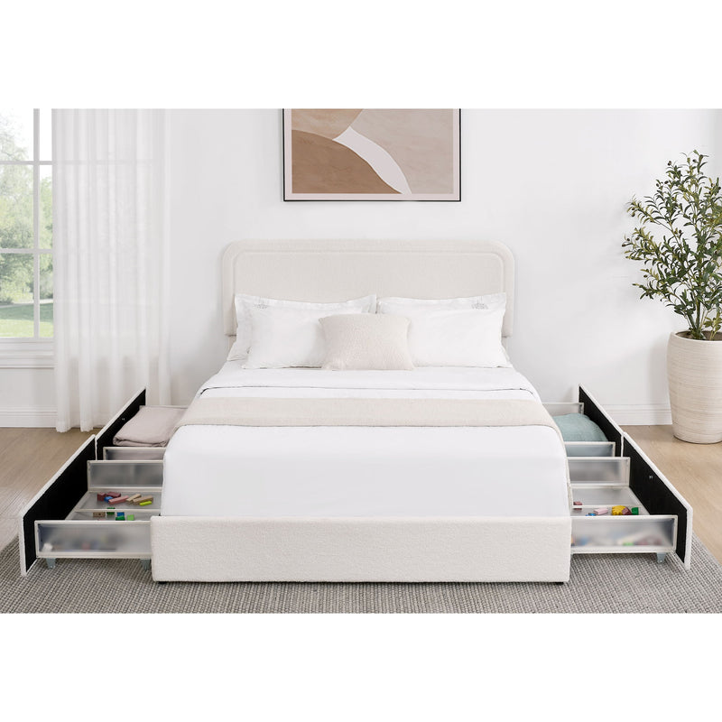 House & Home Furniture Liv upholstered storage platform bed with built-in drawers and padded headboard, modern bedroom furniture.
