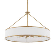 Uttermost Algiers 8-light drum pendant lighting fixture with gold and white finish hanging from ceiling.