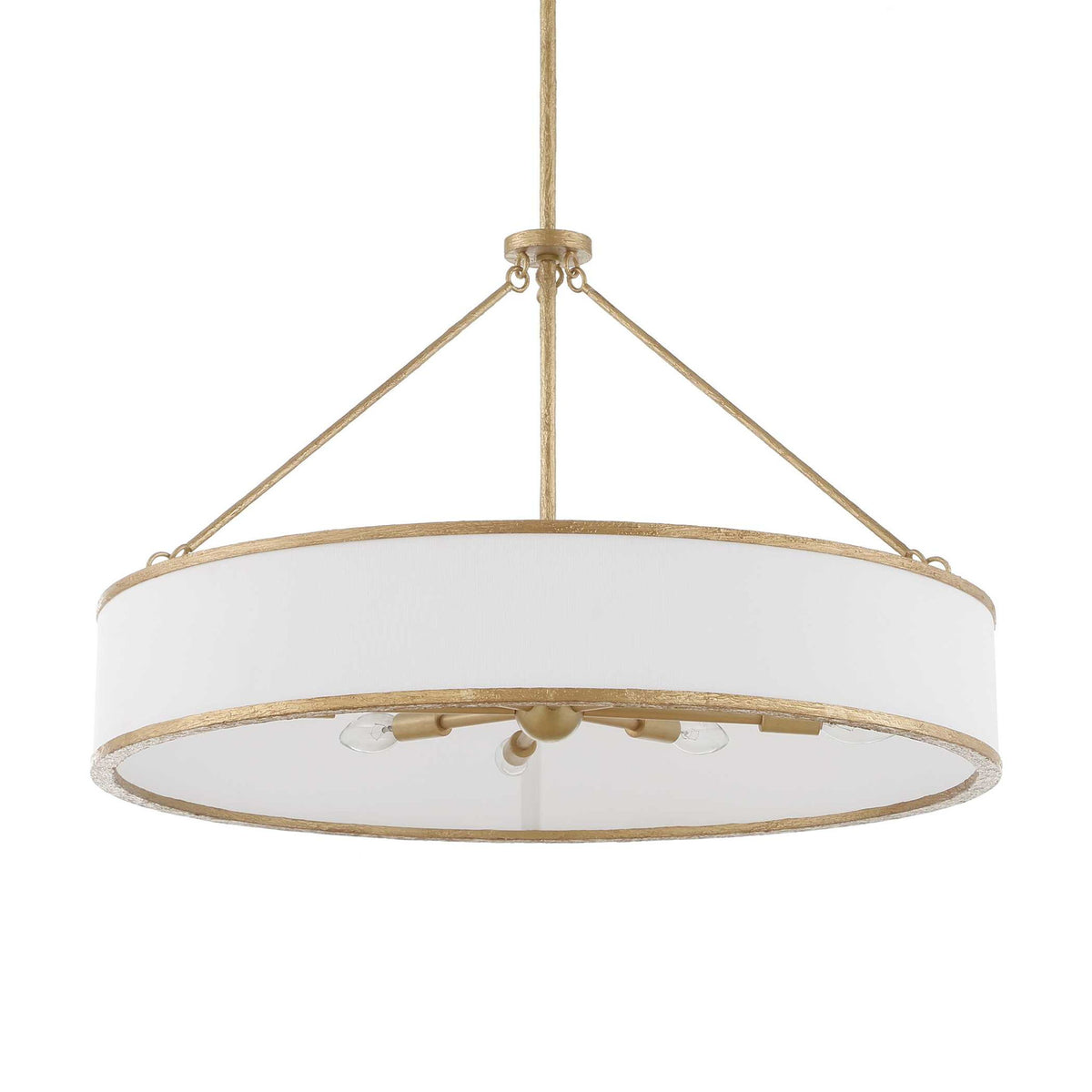 Uttermost Algiers 8-light drum pendant lighting fixture with gold and white finish hanging from ceiling.