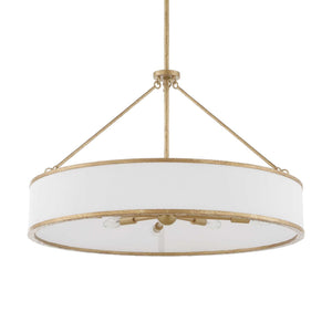 Uttermost Algiers 8-light drum pendant lighting fixture with gold and white finish hanging from ceiling.