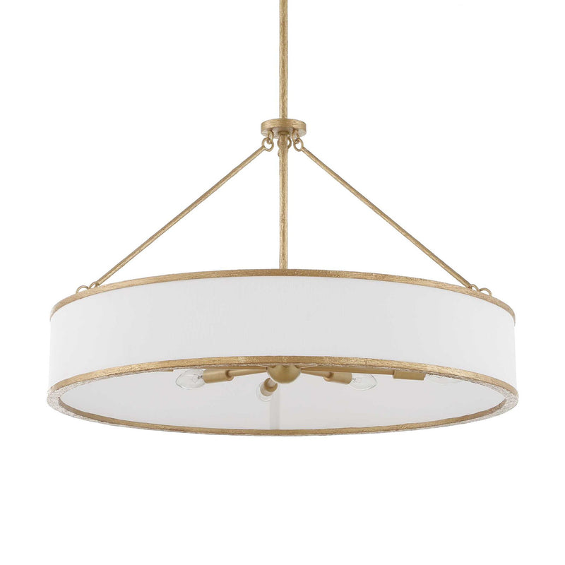 Uttermost Algiers 8-light drum pendant lighting fixture with gold and white finish hanging from ceiling.