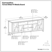 Simpli-Home Cosmopolitan wide TV media stand in mahogany brown with open shelves and storage cabinets, ideal for living room setup.
