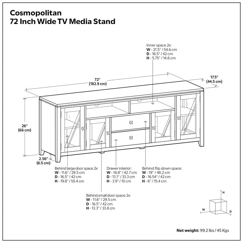 Simpli-Home Cosmopolitan wide TV media stand in mahogany brown with open shelves and storage cabinets, ideal for living room setup.