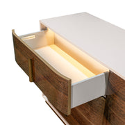 Michael Amini Pavira dresser with mirror, featuring sleek wood finish, multiple drawers, and elegant design details.