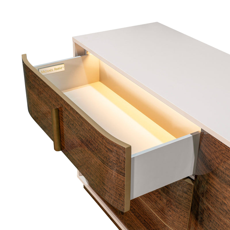 Michael Amini Pavira dresser with mirror, featuring sleek wood finish, multiple drawers, and elegant design details.