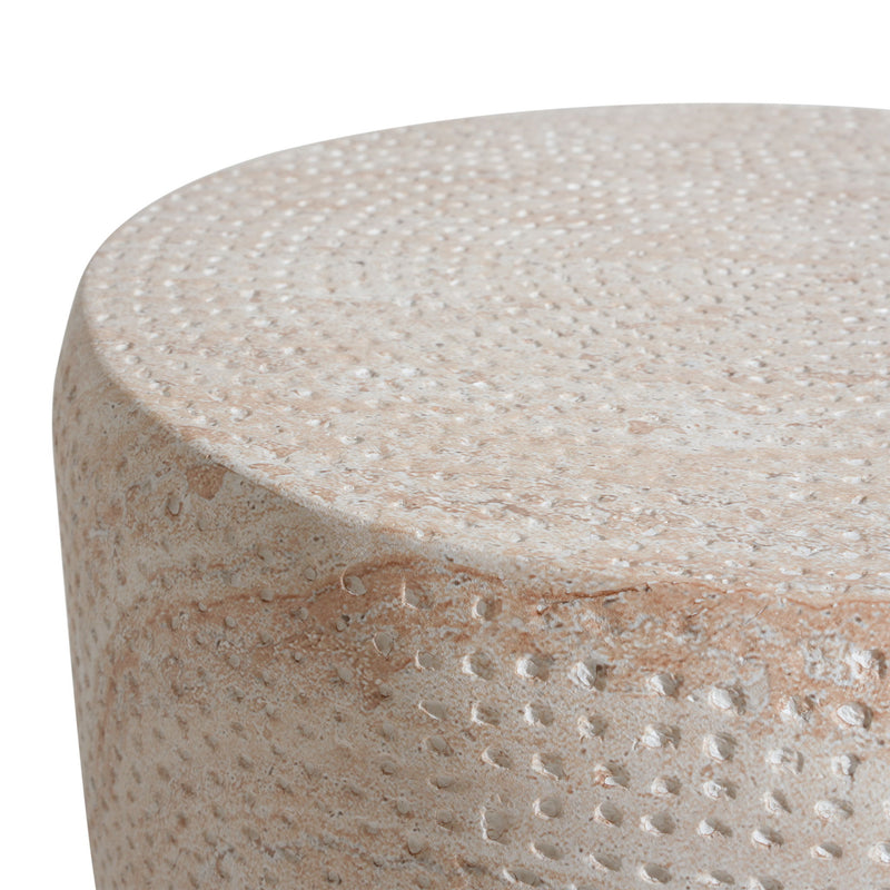 Beige lightweight concrete side table with travertine surface, ideal for outdoor or indoor use by Noble House.
