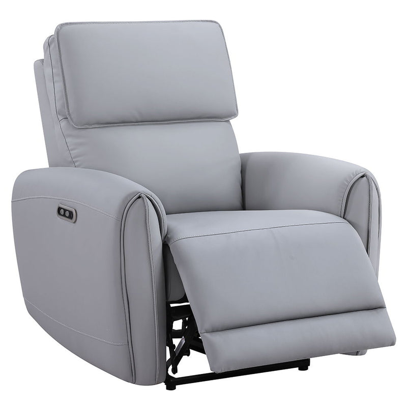 Gray synthetic leather Jeromie power motion recliner by ACME with USB port, showing plush cushioning and reclining mechanism.