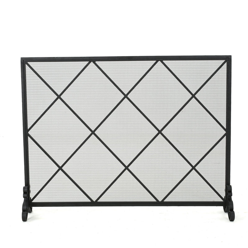 Noble House minimalist single panel iron fireplace screen with diamond design, showcasing a sleek protective fireguard.