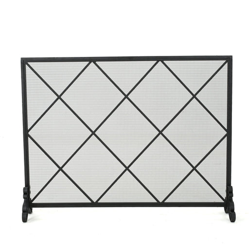 Noble House minimalist single panel iron fireplace screen with diamond design, showcasing a sleek protective fireguard.