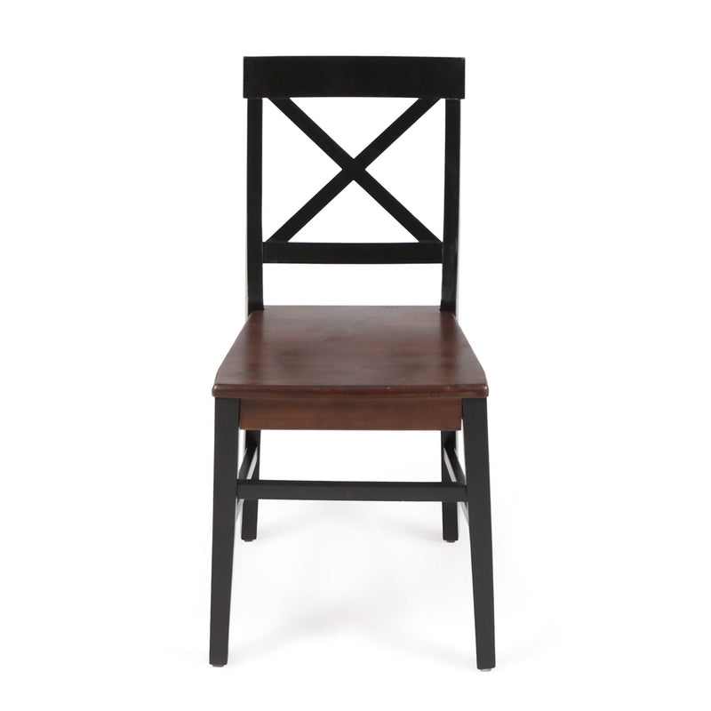 Set of two Noble House Plethora dining chairs with X-shaped back design, featuring wooden legs and cushioned seats.