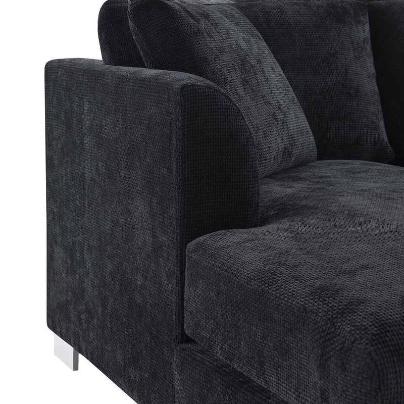 Luxe & Co. modern cloud L-shaped sectional sofa with oversized chaise, four seats, and two free pillows in a stylish living room setting.