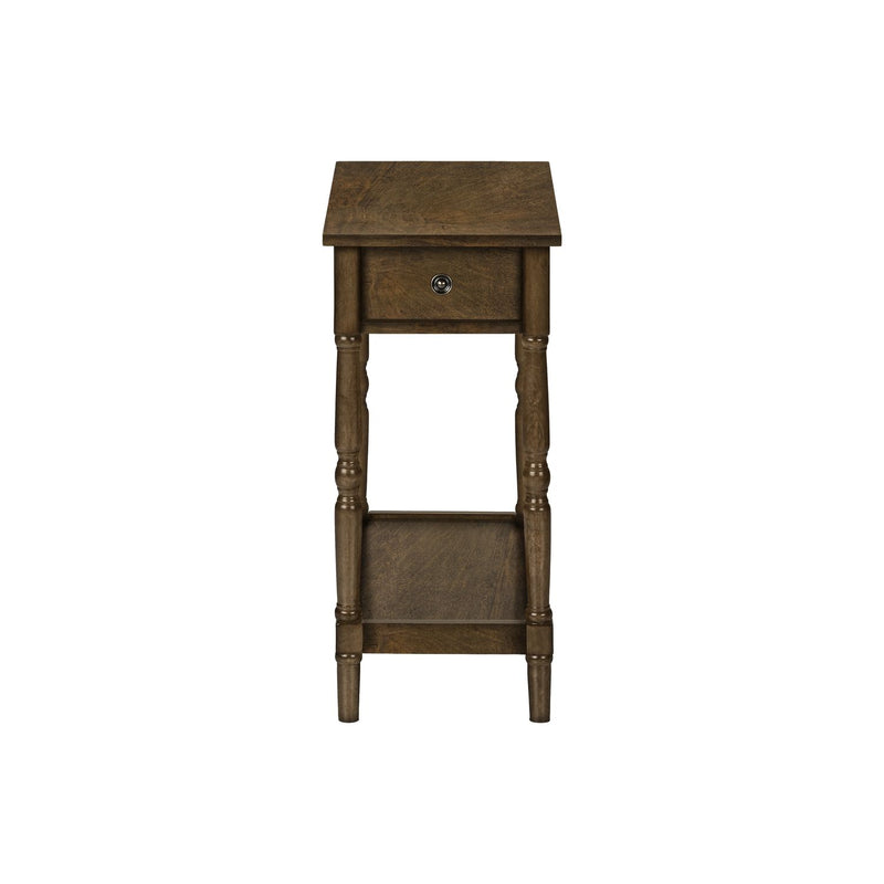 8th Street accent end table with two tiers, storage drawer, traditional stylish design, featuring wooden finish and decorative accents.