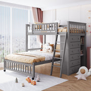 DreamHaus bunk bed with six drawers, flexible shelves, and a bottom bed on wheels, featuring a sturdy wooden frame and modern design.