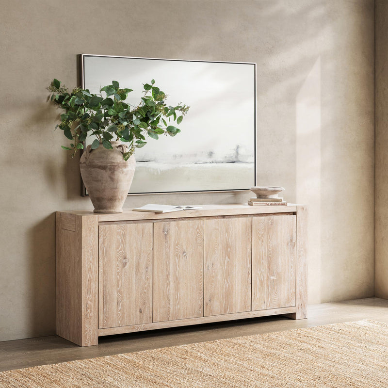 Classic Home Bristol 4-door buffet cabinet with wood finish, featuring spacious storage and a sleek design for modern dining rooms.