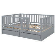 DreamHaus storage daybed with fence guardrails and two drawers, split into a floor bed and daybed for versatile sleeping options.