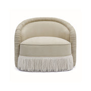 TOV Furniture Pamela chenille tassel lounge chair in tan with plush fabric and decorative tassels, accent chair for living room decor.