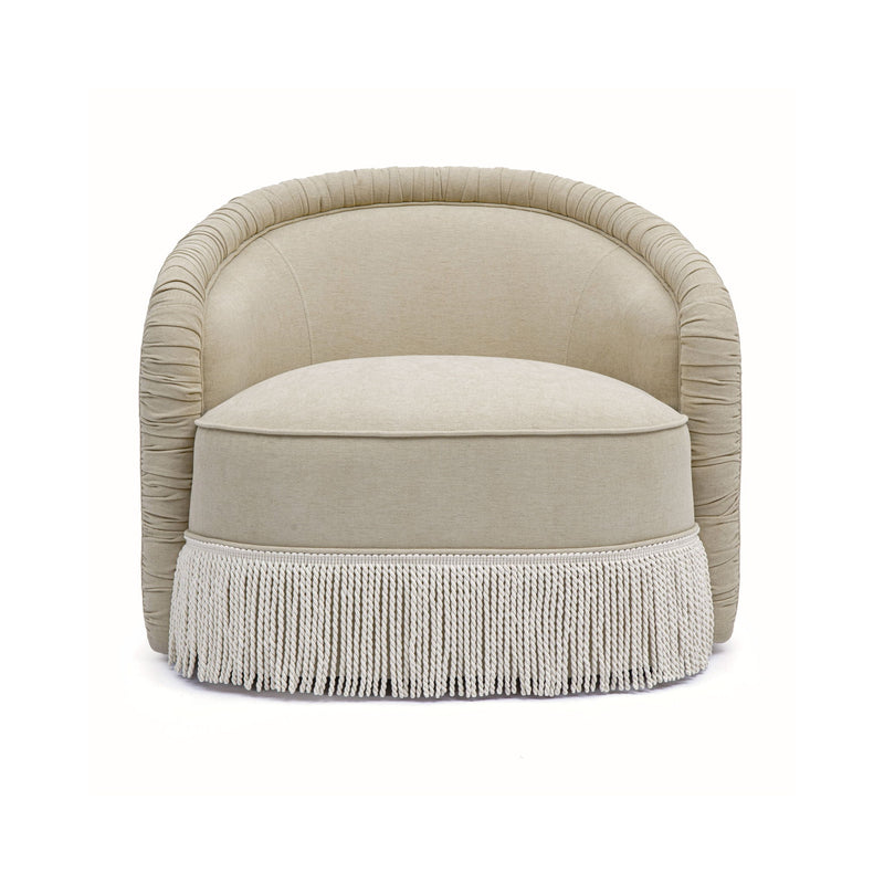 TOV Furniture Pamela chenille tassel lounge chair in tan with plush fabric and decorative tassels, accent chair for living room decor.