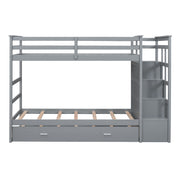 DreamHaus bunk bed with trundle and staircase, featuring sturdy wooden frame, ladder, and space-saving design for kids' room.