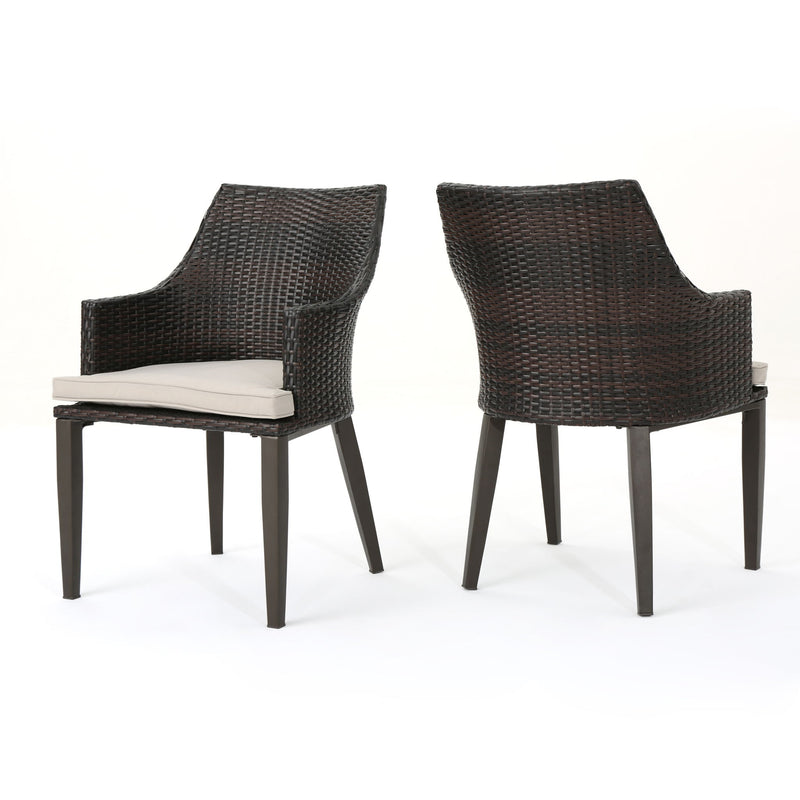 Noble House Hillhurst outdoor chair set with weather-resistant cushions, featuring two comfortable, stylish patio chairs.