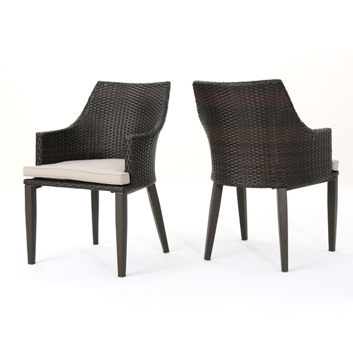 Noble House Hillhurst outdoor chair set with weather-resistant cushions, featuring two comfortable, stylish patio chairs.
