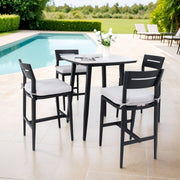 Modern Outdoor Patio Bar Set, Rounded Square Table & Bar Chairs, Non Rust Frame, Tapered Legs, Sunbrella Cushion - R&R Furniture Gallery (Fountain Valley, CA)