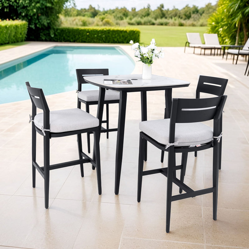 Modern Outdoor Patio Bar Set, Rounded Square Table & Bar Chairs, Non Rust Frame, Tapered Legs, Sunbrella Cushion - R&R Furniture Gallery (Fountain Valley, CA)