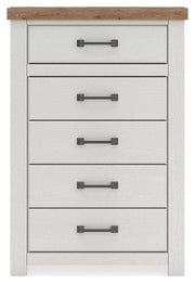Benchcraft Savonport five-drawer accent chest in white and brown wood finish, showcasing its sleek design and ample storage drawers.